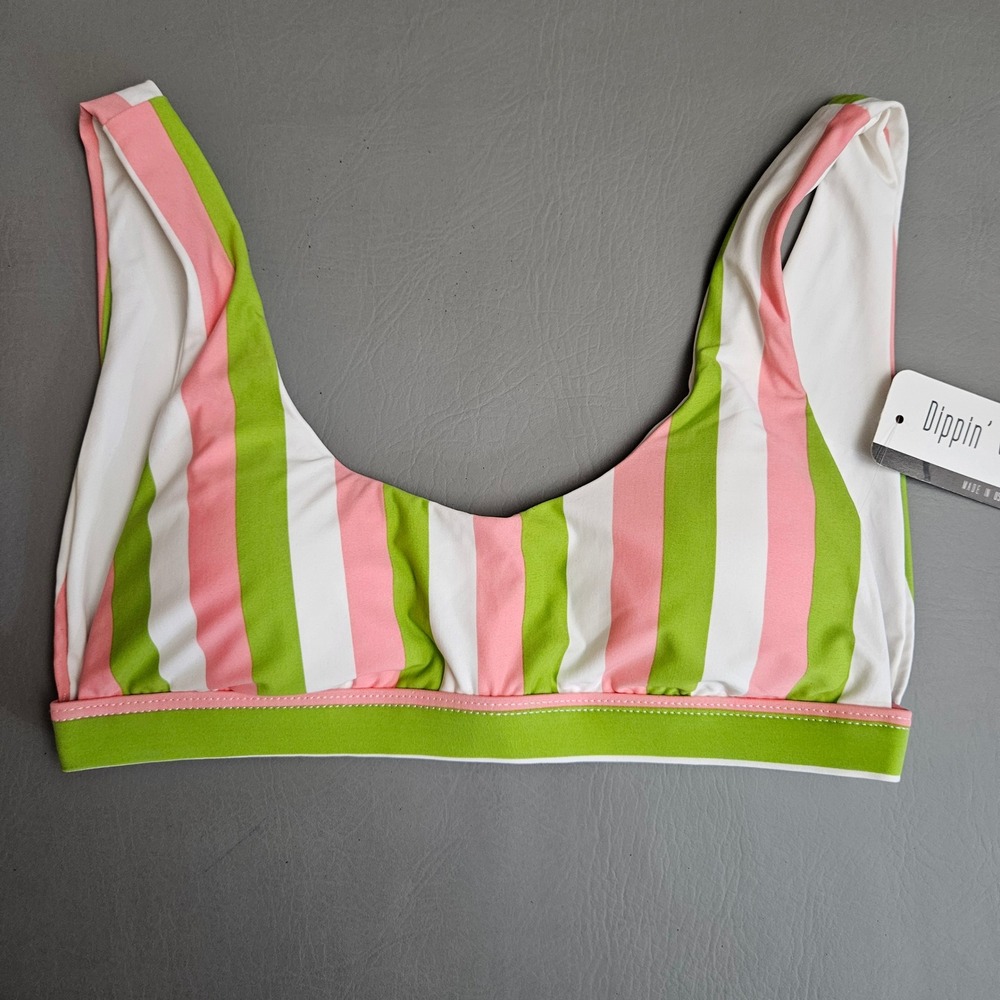 Dippin' Daisy's Striped Scoop Bikini Top Green‎ Pink White D4063JSTLC Small NWT